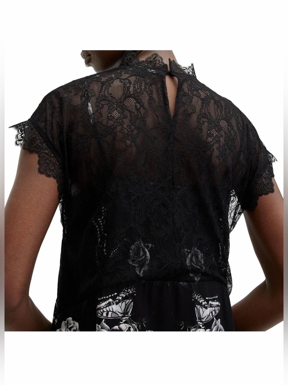 All Saints Black and White Gian Lace-Trim Asymmetrical Floral Dress - Picture 3 of 9